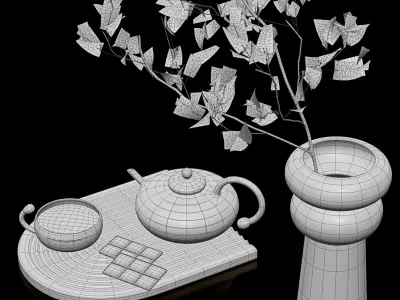 Decorative set 1 tea with vase and leaves on tray 3D model