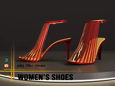 3D red and gold women formal shoe designed with 3ds Max 3D model