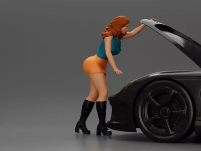 Woman in mini skirt Checking Under the Hood of a Sleek Car 3D print model