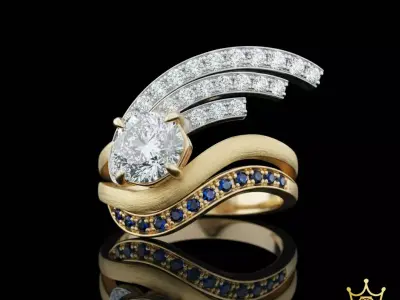 Celestial Comet Ring Diamond and  Sapphire Luxury Curve Design 3D print model