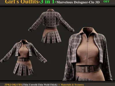 3 in 1 Girls Outfits- MD-Clo3d-OBJ - FBX -Materials-Textures 3D model