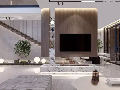 Modern sketchup  interior living room with kitchen  3D model