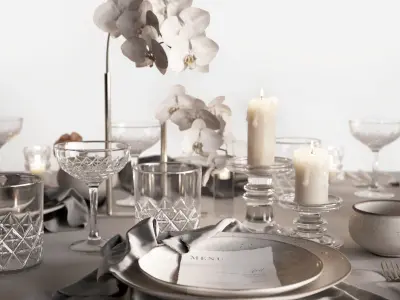 Tableware Set 3 3D model table with flowers and silverware 3D model