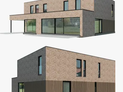 Modern House 02 light brick and wood 3D model
