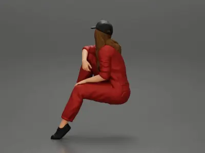 Tired woman mechanic in suit and cap sitting 3D print model