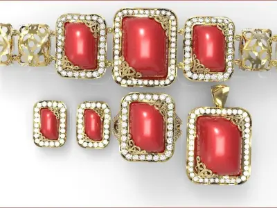 jewelry coral set with gold and diamonds Free 3D model