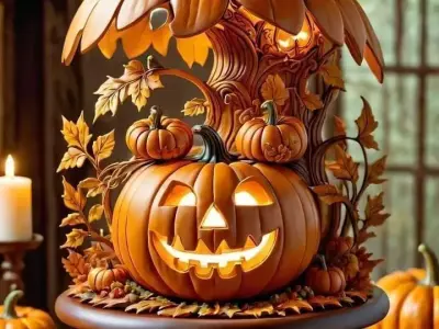 Glowing Jack-O-Lantern Sculpture Carved Leaves Autumn 3D Low-poly 3D model