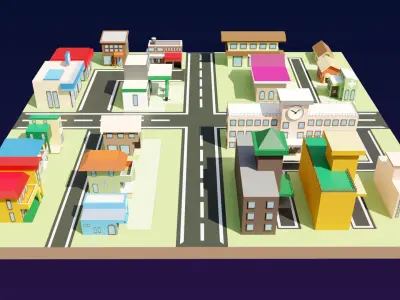 3D Cartoon City buildings for games Low-poly 3D model