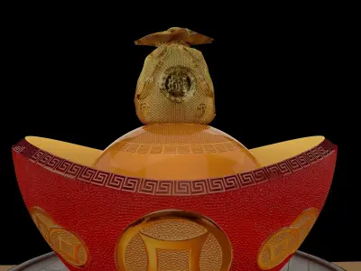 Chinese gold ingot piggy bank with money bag  3D model