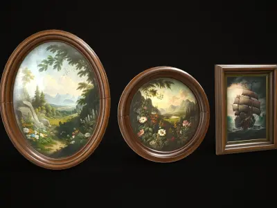 Vintage photo frames and paintings Low-poly 3D model