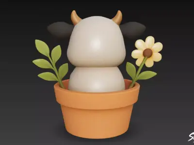 Cow in Flower Pot Low-poly 3D model