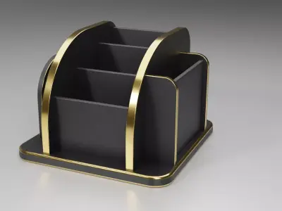 Desk Organizer 3D Model with Leather Texture and Gold Accents 3D model