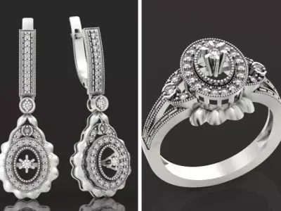 set luxury vintage earrings and ring with stones 3D Model Pack