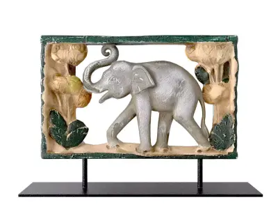 Thai Hand-Painted Wooden Elephant Wall Relief 3D model
