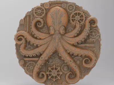 Steampunk Octopus Coin Plaque -Detailed Mechanical Decor 3D print model