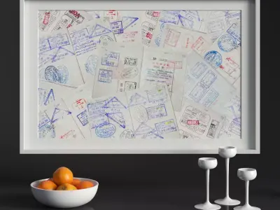 Decorative Set framed piece of paper with passport stamps 3D model