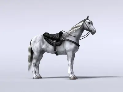 White horse with saddle and bags Low-poly 3D model