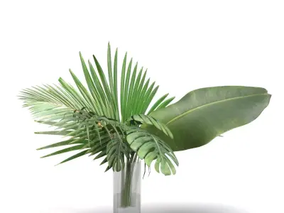 Artificial Faux And Plam Leaf In Vase PBR 3D model