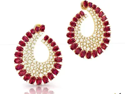 Red Stone Earrings With Sparkling Diamonds 3D print model