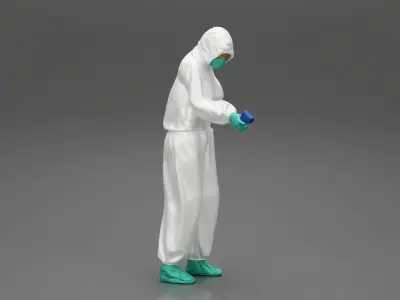 woman wearing antivirus suit standing measures the temperature 3D print model