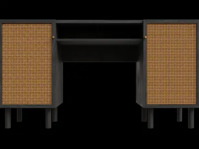 Rattan And Black Wood Wide Desk Low-poly 3D model