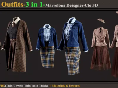 3 in 1 Girls Outfits-Clo3d-OBJ-FBX -Materials-Textures 3D model