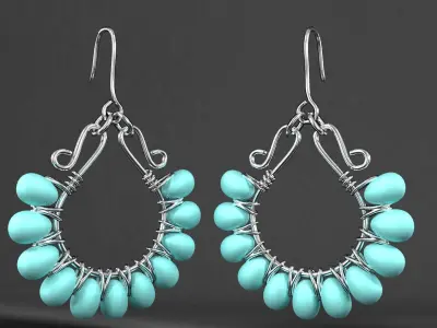 earrings pair of with turquoise beads 3D model