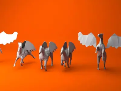 6 Lowpoly Pegasus group of paper horses with wings Low-poly 3D model