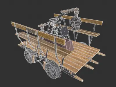 Handcar wooden cart with steam engine Low-poly 3D model