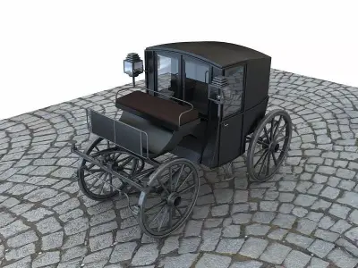brougham horse drawn carriage on cobblestone street 3D model