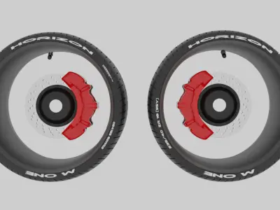 Unique car tires with brakes and rims 3D model