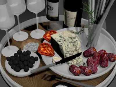 Food Set Cheese Plate With Sausages and Wine  3D model