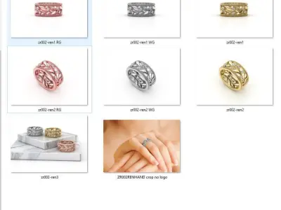 ZR002 rose gold band with diamonds and leaves 3D print model