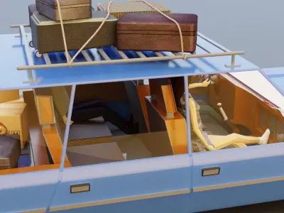 Low Poly cartoon car with 3 rigged characters 3D model