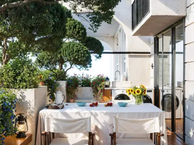 Modern Balcony Dining Space with Firepit and Greenery 047 3D model