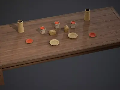 Japanese Wooden Table and Props - PBR Texture Low-poly 3D model