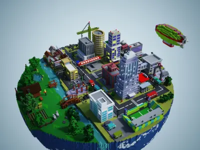 Earth with city and village landscape voxel 3D model