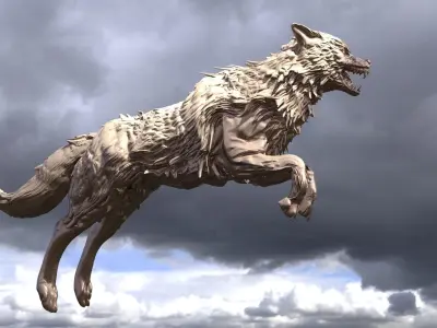 Wolf Statue sculpture jumping 3D model