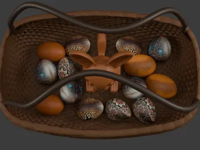 Wicker Basket Decorative Easter Eggs and a Chocolate Rabbit Low-poly 3D model