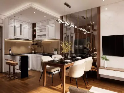Apartment modern kitchen and dining room in 3D model