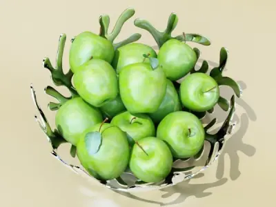 Green Apples in Decorative Metal Bowl 3D model