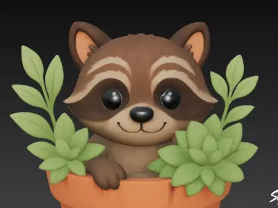 Raccoon in Flower Pot Low-poly 3D model