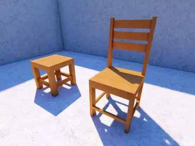 chair two wooden chairs and stool Low-poly 3D model