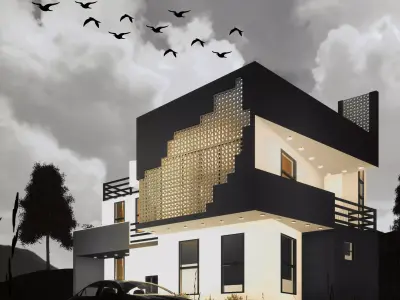 residential modern house with birds flying in sky 3D model