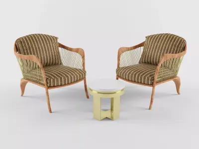 sitting set lounge chair made of wood and wicker 3D model