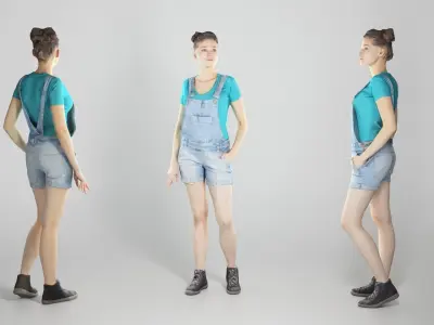 Cute young woman in denim overalls 228 Low-poly 3D model