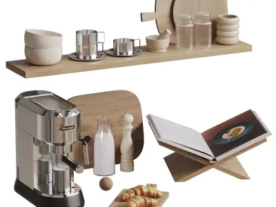 Kitchen Decor With Coffee Machine and Croissants 3D model