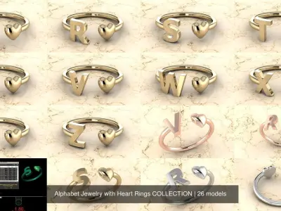 Alphabet Jewelry with Heart Rings COLLECTION 3D Model Pack