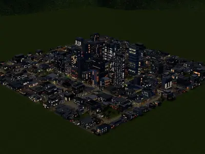 City Downtown Skyscraper Street Mountain Landscape 17 - NIGHT Low-poly 3D model