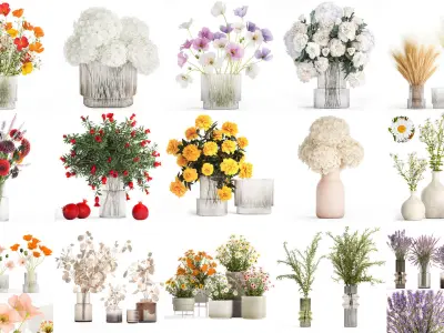 Collection of flower bouquets and vase set of 45 pieces 3D model